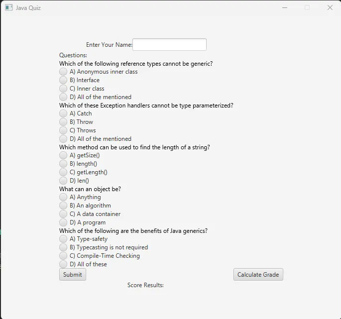JavaFX Programming Quiz Game